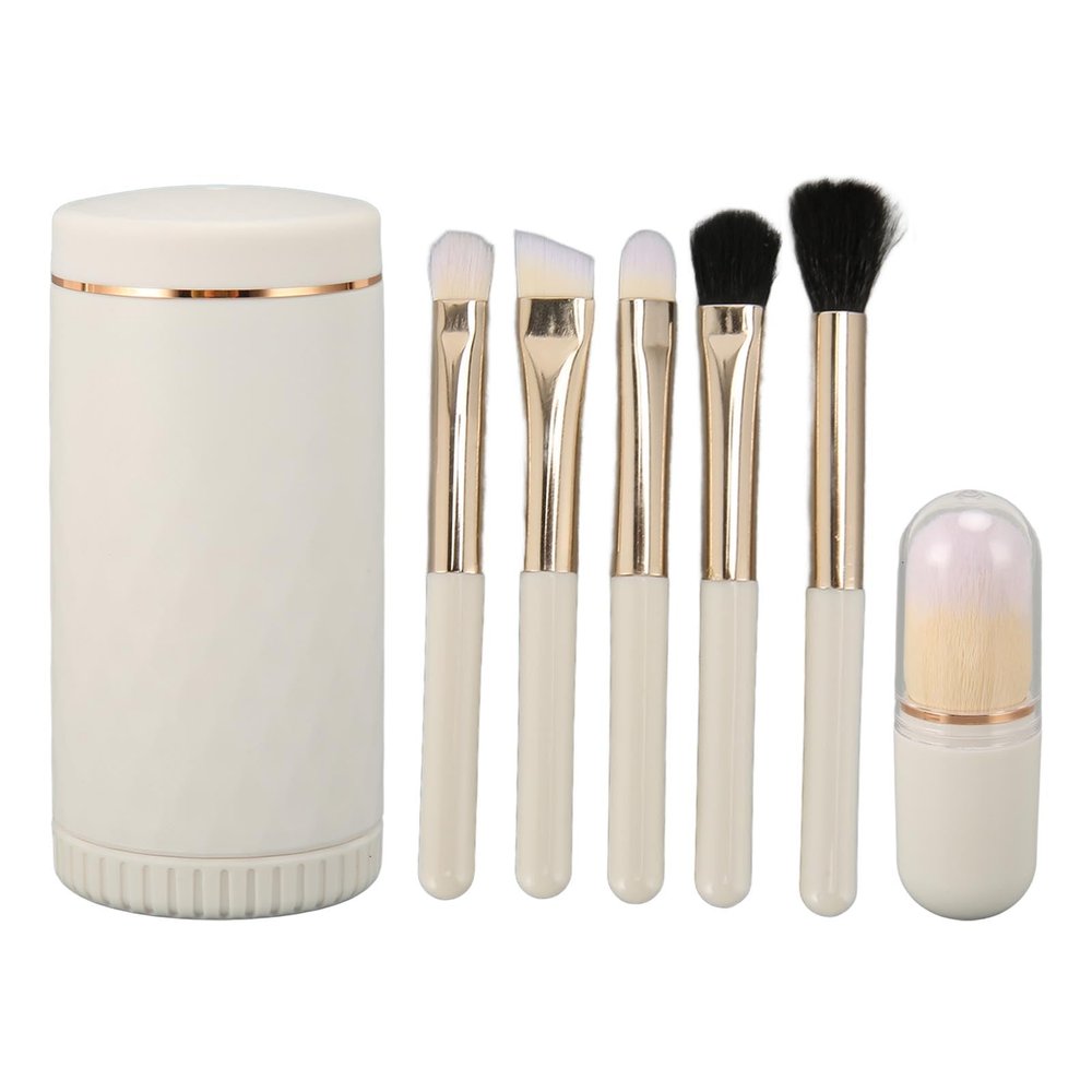 6 Pieces Makeup Brush Set Portable Synthetic Brushes Set with Storage Bucket, Mirror Lid, Travel Makeup Brush Set for Makeup Beginners (White)