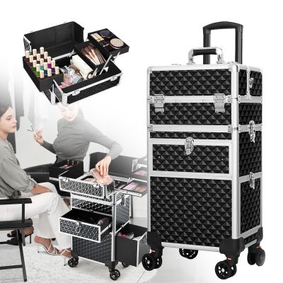 Naturalpowev Rolling Makeup Train Case Large Storage Cosmetic Trolley, Large Capacity Trolley Makeup Travel Case with Swivel Wheels Salon Barber Case Traveling Cart Trunk, Black