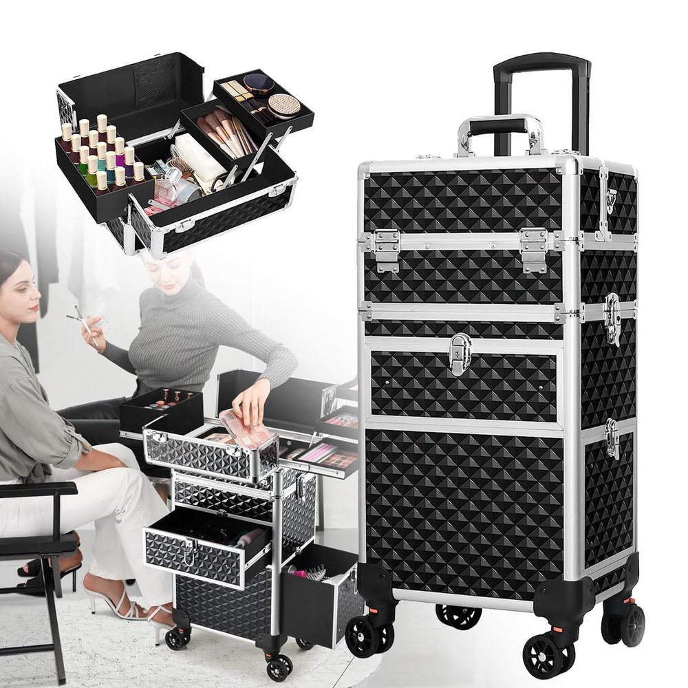 Naturalpowev Rolling Makeup Train Case Large Storage Cosmetic Trolley, Large Capacity Trolley Makeup Travel Case with Swivel Wheels Salon Barber Case Traveling Cart Trunk, Black