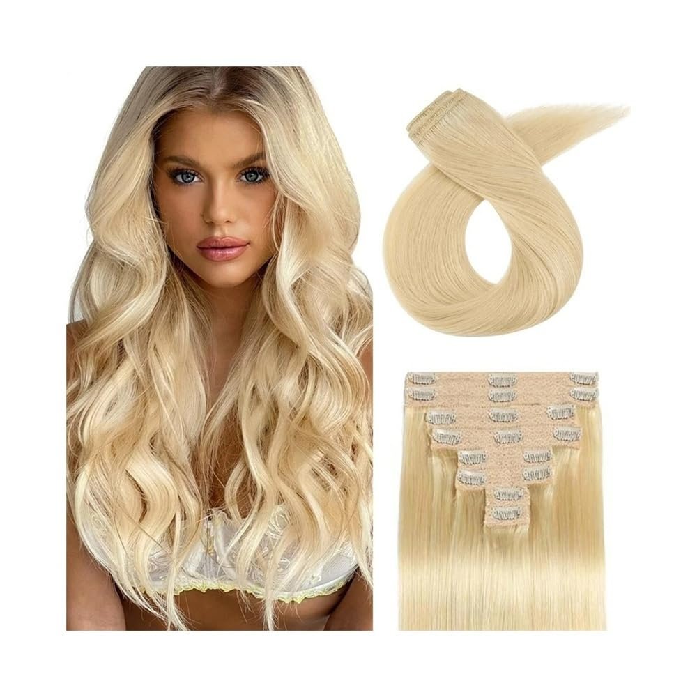 Hair Extensions #613 Blonde Color Clip in Hair Extensions 8Pcs 16-26Inch Long Straight Real Human Hair Extensions Clip Ins Brazilian Remy Hair with 18 Clips Hair Extensions Clip in(20inches 120g)