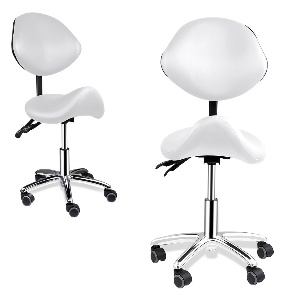 Saddle Stool Chair with Back Support, Adjustable Height 33-38in Seat Cushion 14.5in Rolling Saddle Ergonomic Stool Heavy Duty for Clinic Dentist Spa Massage Salons Studio (White)