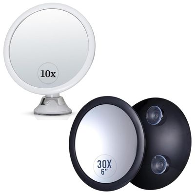 10X Magnifying Makeup Mirror- Suction Cup Cosmetic Mirror for Vanity, Bathroom, and Travel & 30X Magnifying Makeup Mirror - Stick On, Ultra Portable Travel Cosmetic Mirror for Precise Makeup Bundle