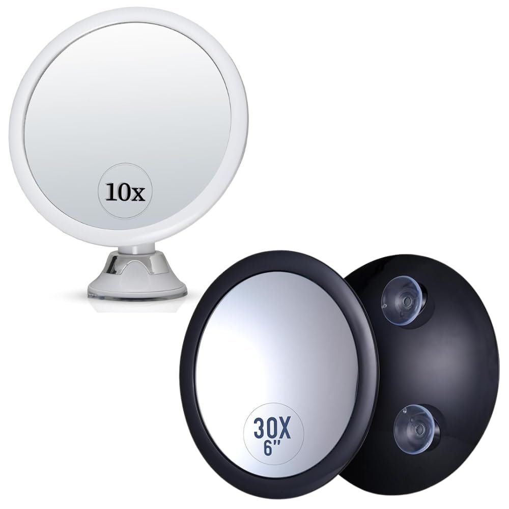 10X Magnifying Makeup Mirror- Suction Cup Cosmetic Mirror for Vanity, Bathroom, and Travel & 30X Magnifying Makeup Mirror - Stick On, Ultra Portable Travel Cosmetic Mirror for Precise Makeup Bundle