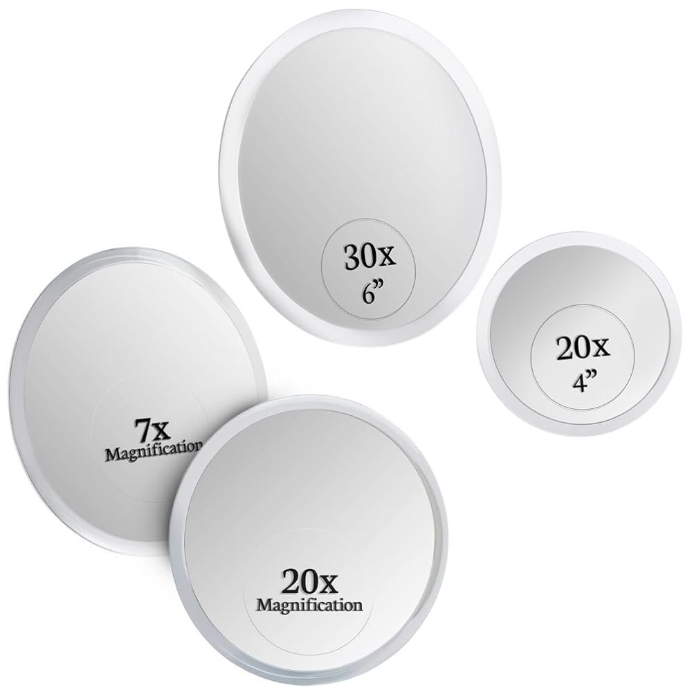20X & 7X Magnifying Mirror Set Combo with 3 Suction Cups Each - Compact & Travel Ready (Glass) & 30X & 20X Magnifying Mirror Set for Makeup - Ultra Precise, Strong Suction, Bathroom Mirror Bundle