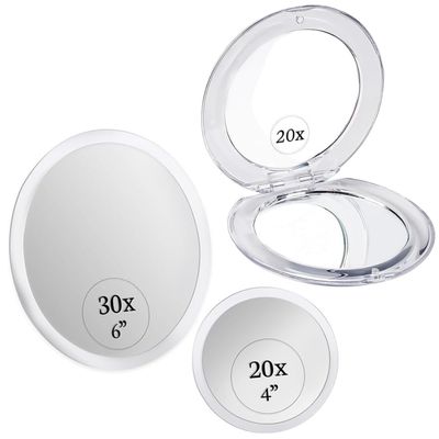 30X & 20X Magnifying Mirror Set for Makeup - Ultra Precise, Strong Suction, Stick On Bathroom and Hollywood Mirrors & Small Compact 20X Magnifying Mirror for Travel - Handheld and Foldable Bundle