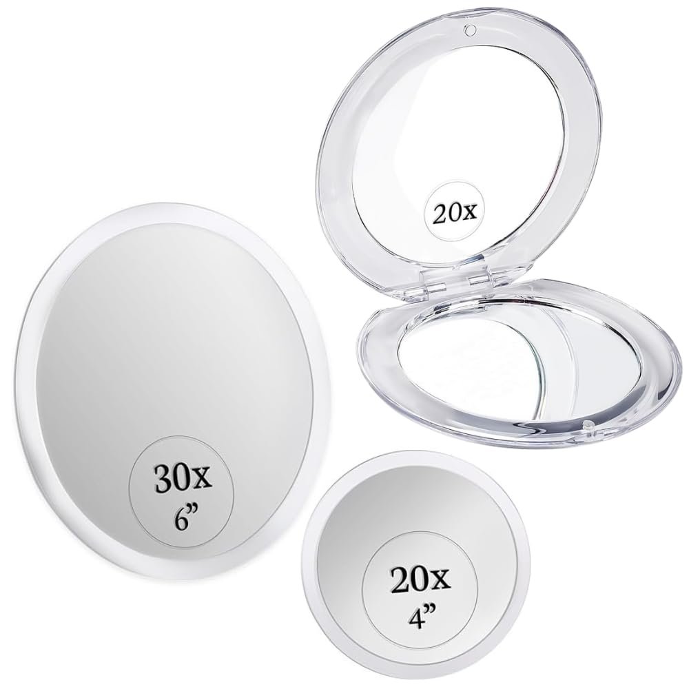 30X & 20X Magnifying Mirror Set for Makeup - Ultra Precise, Strong Suction, Stick On Bathroom and Hollywood Mirrors & Small Compact 20X Magnifying Mirror for Travel - Handheld and Foldable Bundle