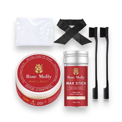 Rose Molly Edge Control Wax Stick Set, 2.6 oz Wax Stick, 3.5 oz Edge Control Gel, 2 Brushes