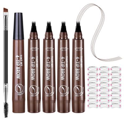 5PCS Microblading Eyebrow Pencils,Magical Precise Dark Brown Eyebrow Pencils for Women,Waterproof Eyebrow Pen,Smudge Proof 4 Fork Tip Eye Brow Pencils with Eyebrow Brush and 24 Pcs Eyebrow Stencils