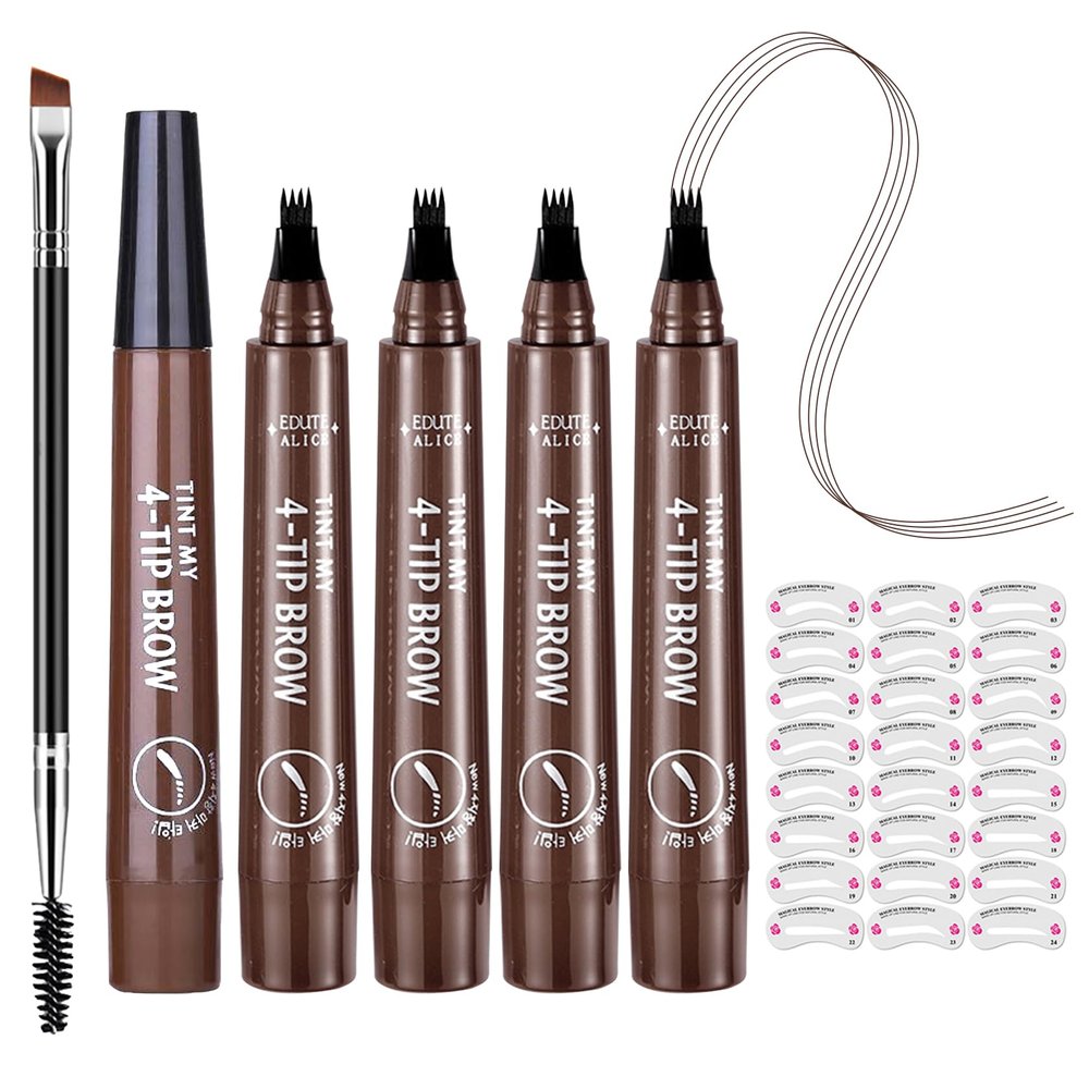 5PCS Microblading Eyebrow Pencils,Magical Precise Dark Brown Eyebrow Pencils for Women,Waterproof Eyebrow Pen,Smudge Proof 4 Fork Tip Eye Brow Pencils with Eyebrow Brush and 24 Pcs Eyebrow Stencils