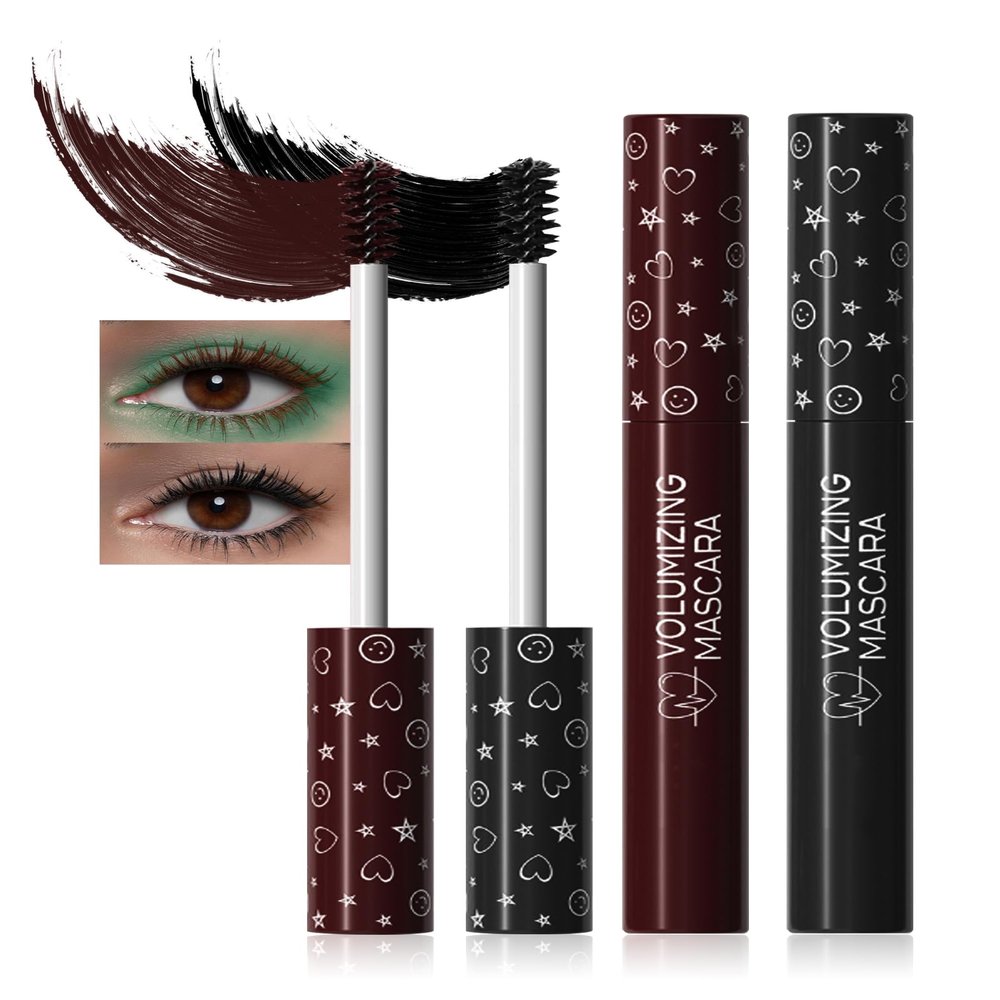 2Pcs Waterproof Black Brown Mascara Volume and Length, Long Lasting Colored Liquid Mascara Smudge-Proof Curling Voluminzing for Eyelashes Cosplay Party Women Eye Makeup