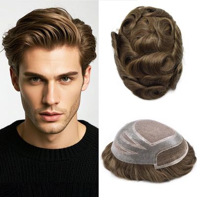Toupee For Men Hair Pieces French Lace Front Mens Toupee Human Hair Replacement System Fine Mono Men Hair System Hair Pieces Prosthesis For Men 8X10 Medium light density 7ASH#