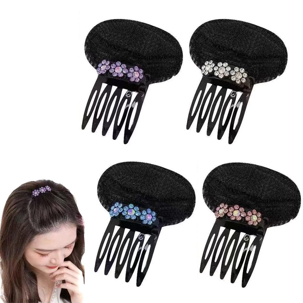 4PCS Rhinestone Flower Bump It Up Volume Hair Base Inserts with Comb Hair Cushion Invisible Fluffy Hair Pad Clip Volume Hair Base Hair Bump Clip Hair Volumizing Accessories (Random Color)