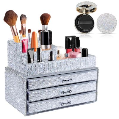 KEYPOWER Bling Diamond Makeup Organizers Drawer 2PCS set & Makeup Powder Empty Box with Powder Puff and Mirror White