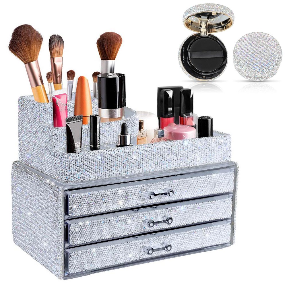 KEYPOWER Bling Diamond Makeup Organizers Drawer 2PCS set & Makeup Powder Empty Box with Powder Puff and Mirror White