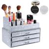 KEYPOWER Bling Diamond Makeup Organizers Drawer 2PCS set & Makeup Powder Empty Box with Powder Puff and Mirror White view 1