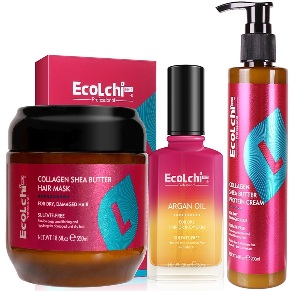 ECOLCHIPRO Ecolchi Collagen Hair Mask and Argan Oil Leaving-in Set Deep Repair Conditioning Hair Treatment Argan Oil Leaving-in Conditioner Set for Dry Damaged Hair All Hair Types 18.6+2+6.8fl.oz