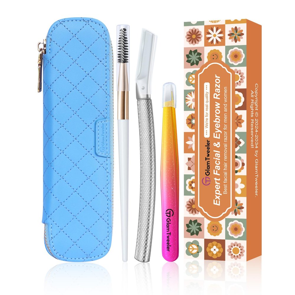 Women's Dermaplane Face & Eyebrow Razor Kit with GlamTweeler Slant Tweezers, Spoolie Brush, and Luxury Leather Storage & Travel Case + 10 Refill Blades (Silver)