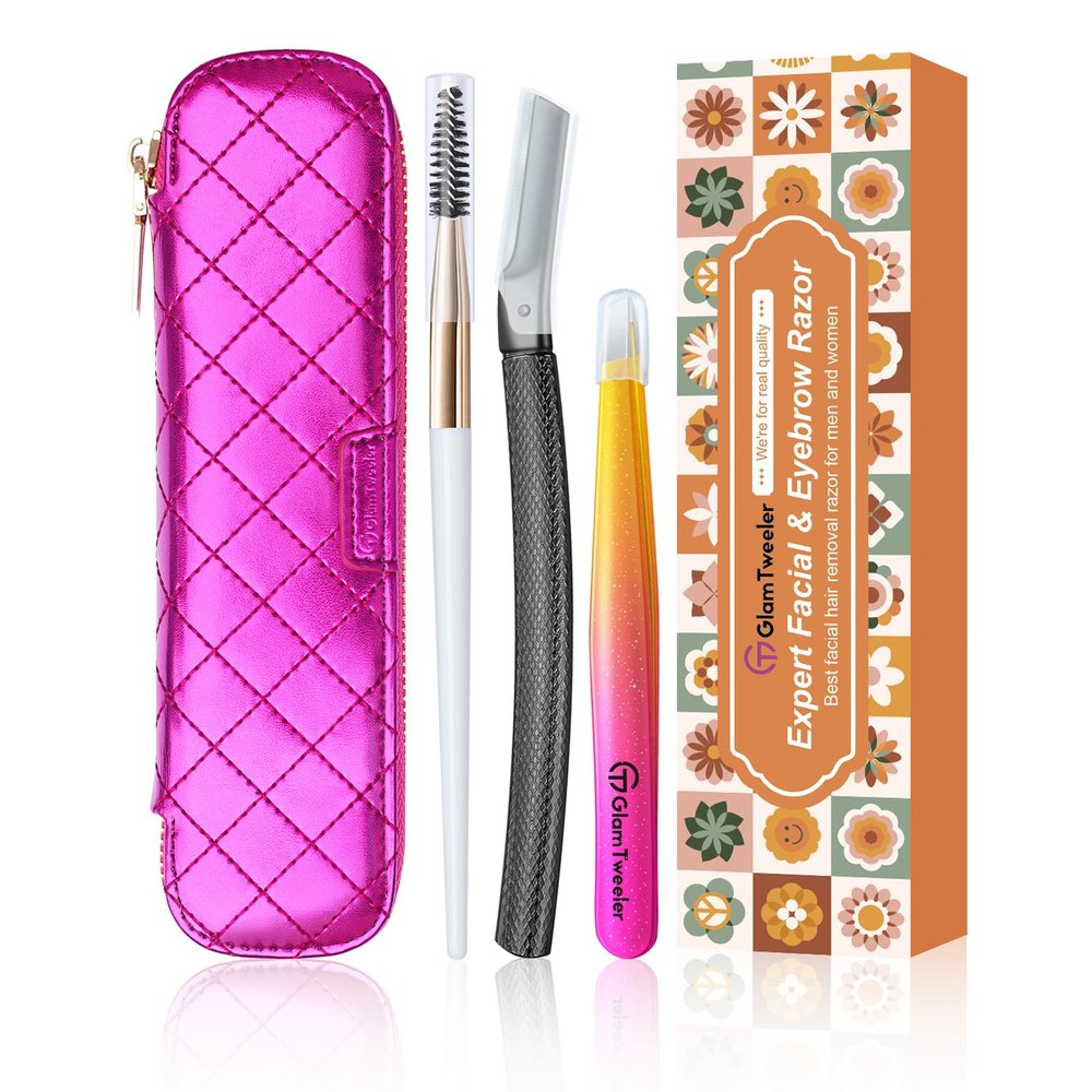 Women's Dermaplane Face & Eyebrow Razor Kit with GlamTweeler Slant Tweezers, Spoolie Brush, and Luxury Leather Storage & Travel Case + 10 Refill Blades (Black)