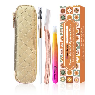 Women's Dermaplane Face & Eyebrow Razor Kit with GlamTweeler Slant Tweezers, Spoolie Brush, and Luxury Leather Storage & Travel Case + 10 Refill Blades (Rose Gold)