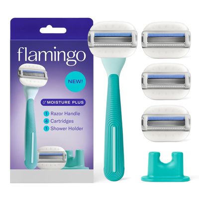 Flamingo Moisture Plus Women's Razor Set - No Shave Gel Needed - Razor Handle, 4 Blade Refills, Shower Holder - Seafoam