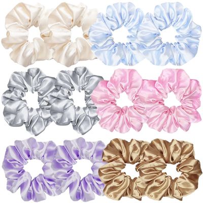 12 Pcs Satin Silk Hair Scrunchies Soft Hair Ties Fashion Hair Bands Hair Bow Ropes Hair Elastic Bracelet Ponytail Holders Hair Accessories for Women Girls (Assorted Light color Pair)