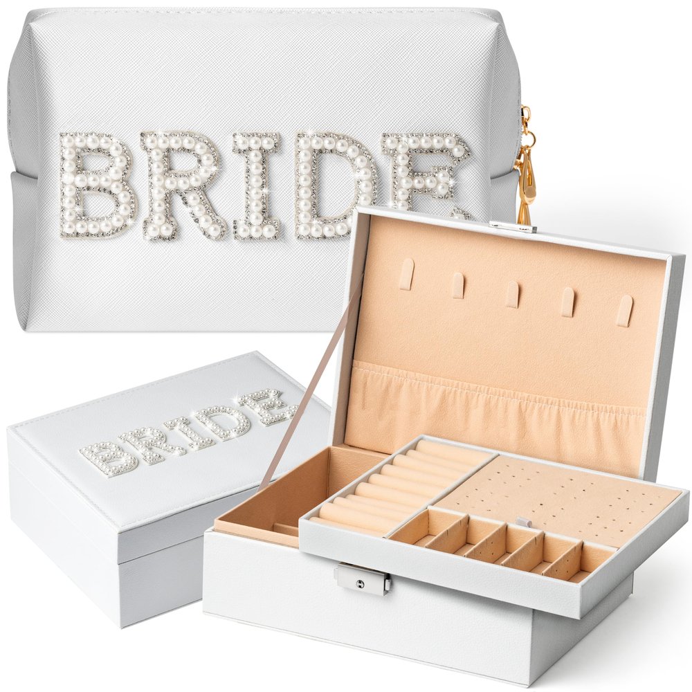 AellasNervalt Bride Patch Letter Pearl Makeup Bag & Large Jewelry Organizer Box for Bride Bridesmaid Engagement Wedding Gift Cosmetic Bag Travel Toiletry Bag 2 Layer Jewelry Case for Women Bridal Gift