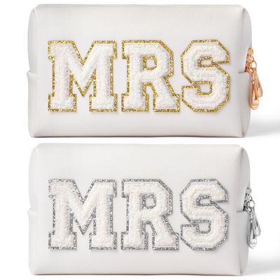 AellasNervalt 2P Bride Patch MRS Cosmetic Bag PU Leather White Letter Portable Waterproof Purse Organizer Travel Toiletry Bag Engaged Makeup Bag Gift for Women Girls