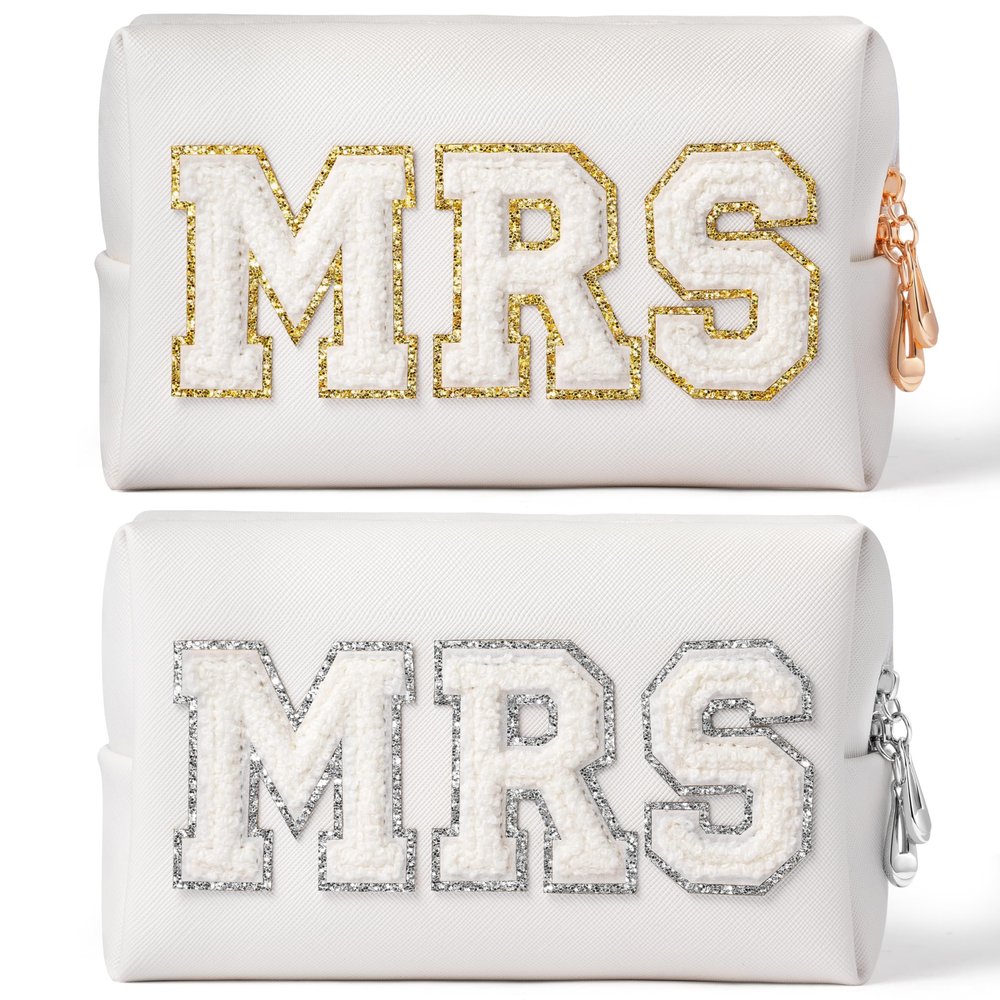 AellasNervalt 2P Bride Patch MRS Cosmetic Bag PU Leather White Letter Portable Waterproof Purse Organizer Travel Toiletry Bag Engaged Makeup Bag Gift for Women Girls