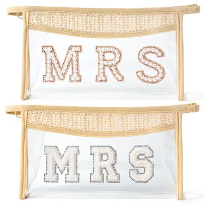 AellasNervalt 2P Boho Patch MRS Cosmetic Bag Clear Zipper Makeup Bag Travel Toiletry Bag Transparent Waterproof Makeup Bag Cute Makeup Pouch Bridal Bag Engagement Present Wedding Gift for Women Girls