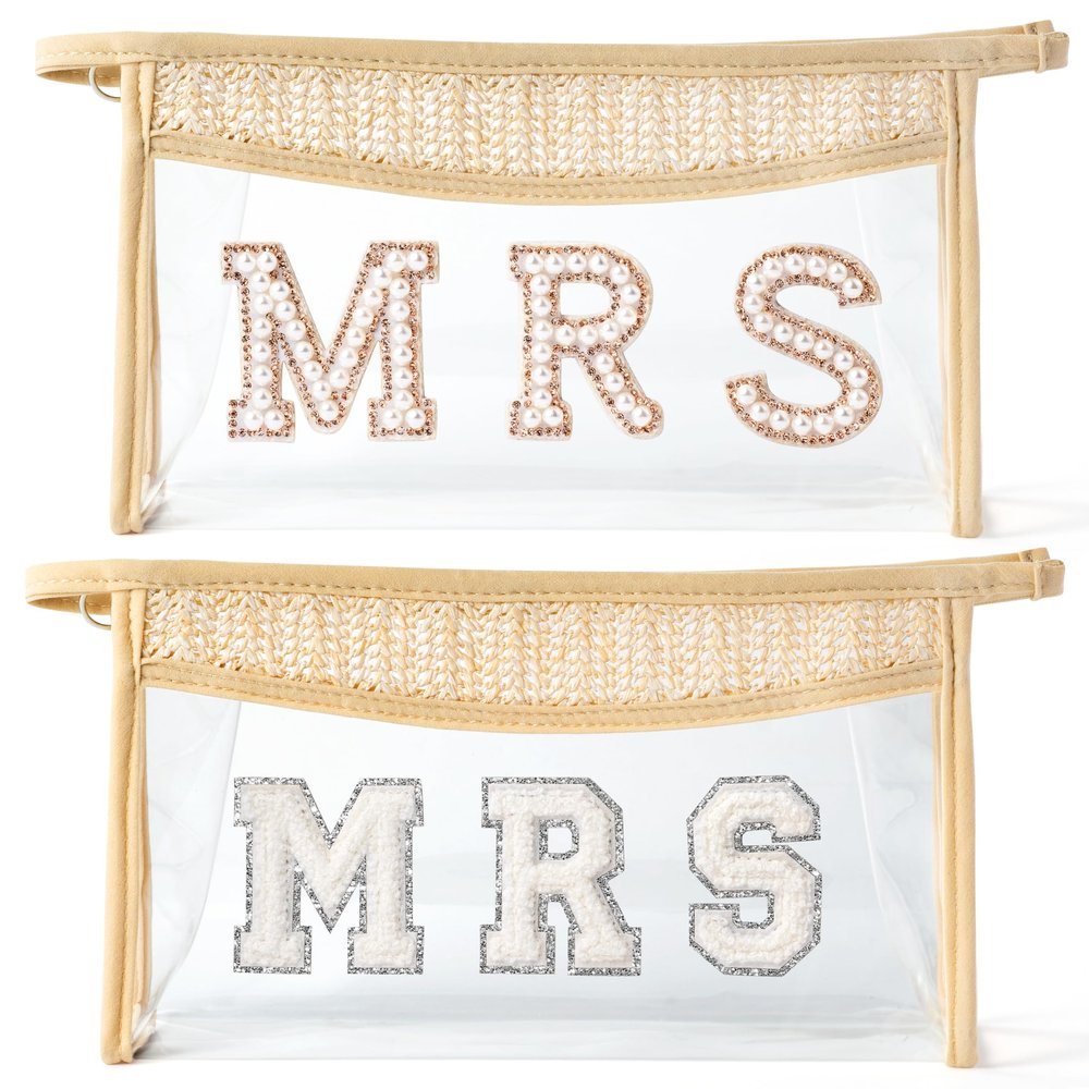 AellasNervalt 2P Boho Patch MRS Cosmetic Bag Clear Zipper Makeup Bag Travel Toiletry Bag Transparent Waterproof Makeup Bag Cute Makeup Pouch Bridal Bag Engagement Present Wedding Gift for Women Girls
