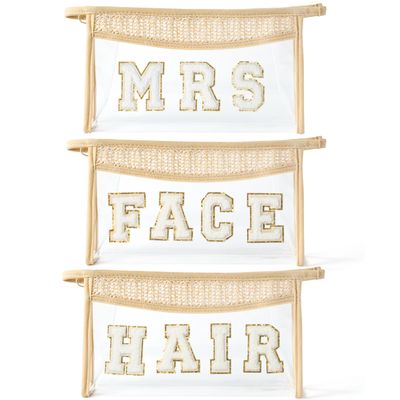 AellasNervalt Boho Patch MRS FACE HAIR Makeup Bag Clear Toiletry Bag Varsity Letter Travel Cosmetic Bag beige Transparent Waterproof Snacks Bag Cute Zipper Makeup Pouch for Women Girls