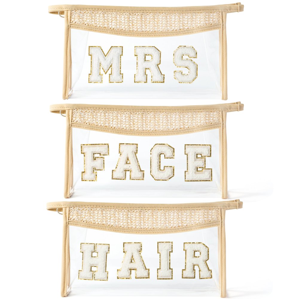 AellasNervalt Boho Patch MRS FACE HAIR Makeup Bag Clear Toiletry Bag Varsity Letter Travel Cosmetic Bag beige Transparent Waterproof Snacks Bag Cute Zipper Makeup Pouch for Women Girls