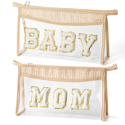 AellasNervalt Boho Patch Cosmetic Bag - Christmas Gift MOM BABY Chenille Varsity Letter Toiletry Bag Beige Clear Waterproof Travel Makeup Bag PVC Zipper Clutch Daily Use Purse for Mom Women Girls
