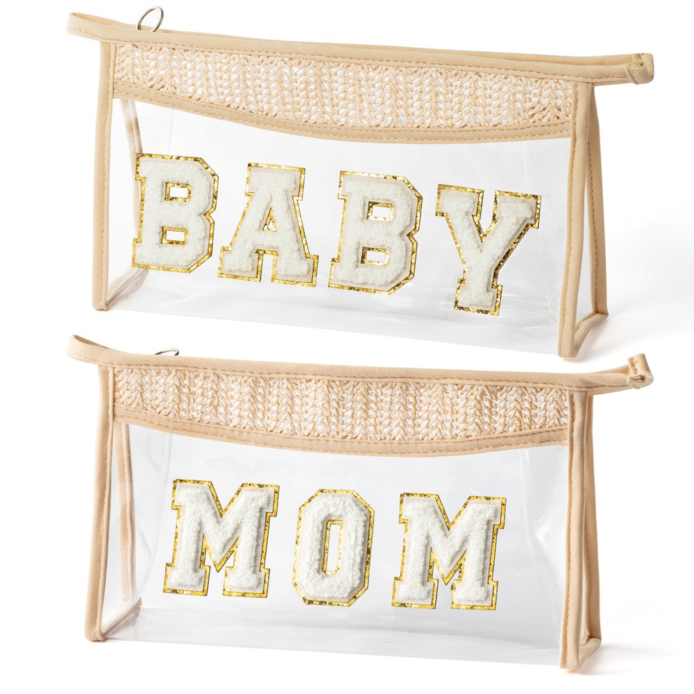 AellasNervalt Boho Patch Cosmetic Bag - Christmas Gift MOM BABY Chenille Varsity Letter Toiletry Bag Beige Clear Waterproof Travel Makeup Bag PVC Zipper Clutch Daily Use Purse for Mom Women Girls