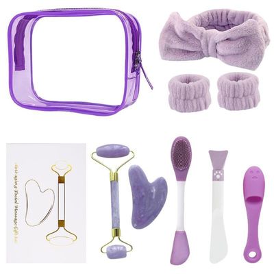 9pcs facial care kit, with Jade Roller and Gua Sha, Spa headband wristband, silicone facial mask brush, cleaning brush, portable cosmetic bag, self care gift for men women (Purple)