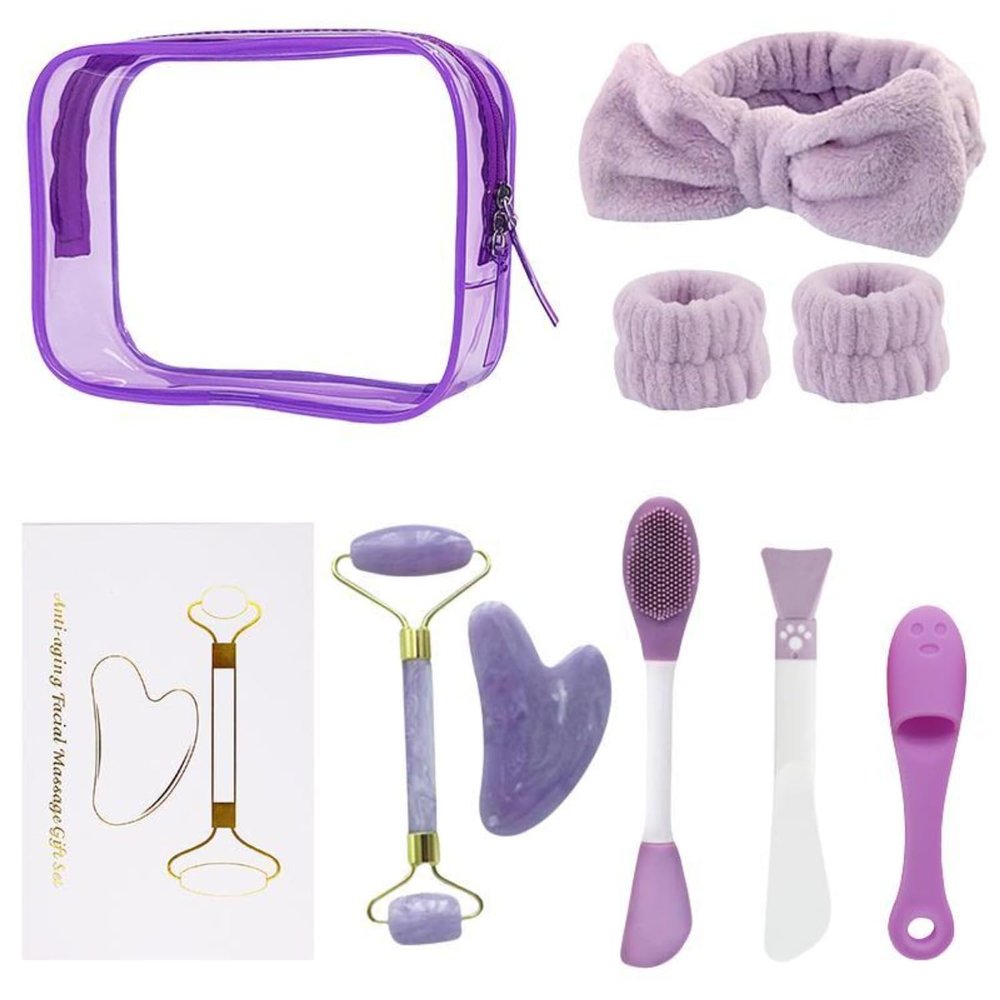 9pcs facial care kit, with Jade Roller and Gua Sha, Spa headband wristband, silicone facial mask brush, cleaning brush, portable cosmetic bag, self care gift for men women (Purple)