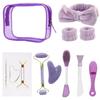 9pcs facial care kit, with Jade Roller and Gua Sha, Spa headband wristband, silicone facial mask brush, cleaning brush, portable cosmetic bag, self care gift for men women (Purple) view 1