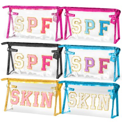 AellasNervalt 6P Preppy Patch SPF SKIN Clear Cosmetic Bag Varsity Letter Toiletry Bag Waterproof PVC Cosmetic Case Multi-Function Zippered Pouch Makeup Bag for Beach Pool, Pencil Case Pen Pouch
