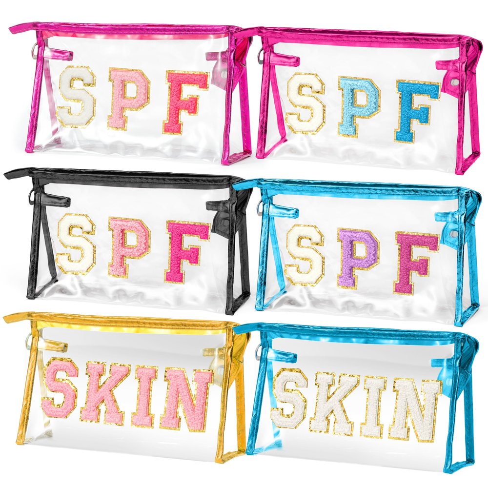 AellasNervalt 6P Preppy Patch SPF SKIN Clear Cosmetic Bag Varsity Letter Toiletry Bag Waterproof PVC Cosmetic Case Multi-Function Zippered Pouch Makeup Bag for Beach Pool, Pencil Case Pen Pouch