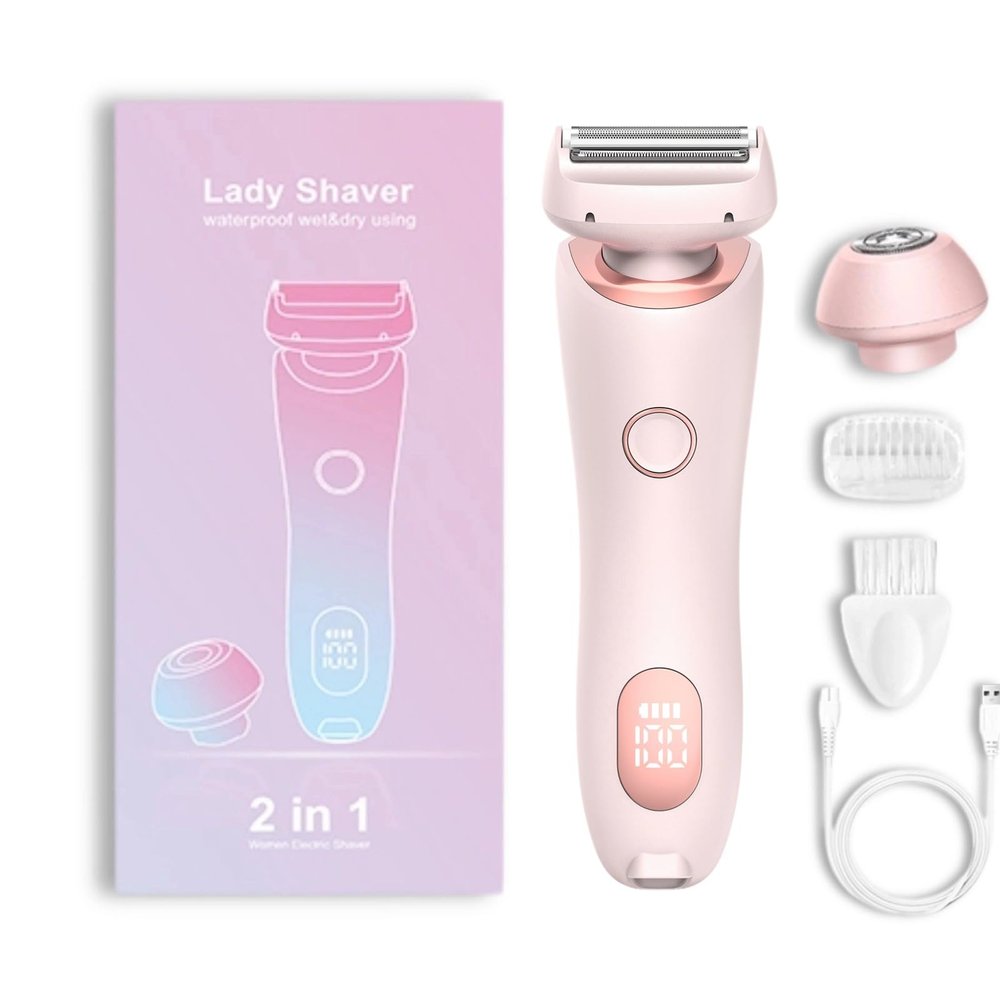 2 in 1 Electric Razors for Women, Electric Shaver for Women Bikini Trimmer, Portable Electric Razors Wet & Dry Use, Removable Head, Multifunctional Full-Body Shaving (Pink)