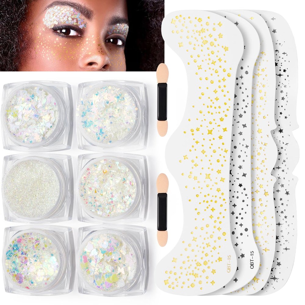 6 Shapes Body Glitter Gel and 4PCS Glitter Speckles for Halloween Raves Festivals Makeup (White)
