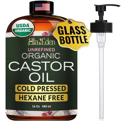 Ella & Eden USDA Organic Castor Oil  Cold Pressed Hexane-Free - Glass Bottle - For Hair Growth, Face, Eyelash, Skin, Stomach - 100% Pure Unrefined 16 Fl Oz
