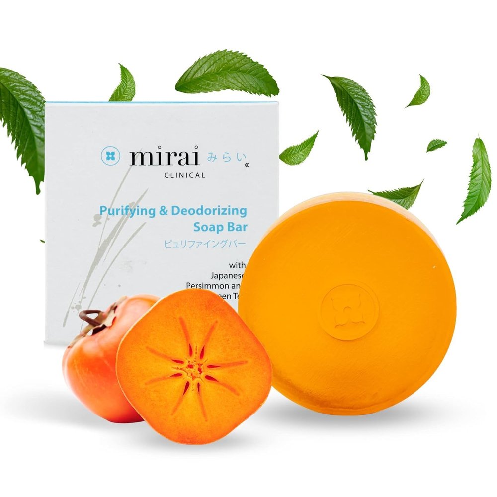 Mirai Clinical Persimmon Soap Bar for Old People Smell - Nonenal Solution - Japanese Persimmon and Green Tea Extract - For Men and Women - Gentle on All Skin Types - Natural Body Odor Soap