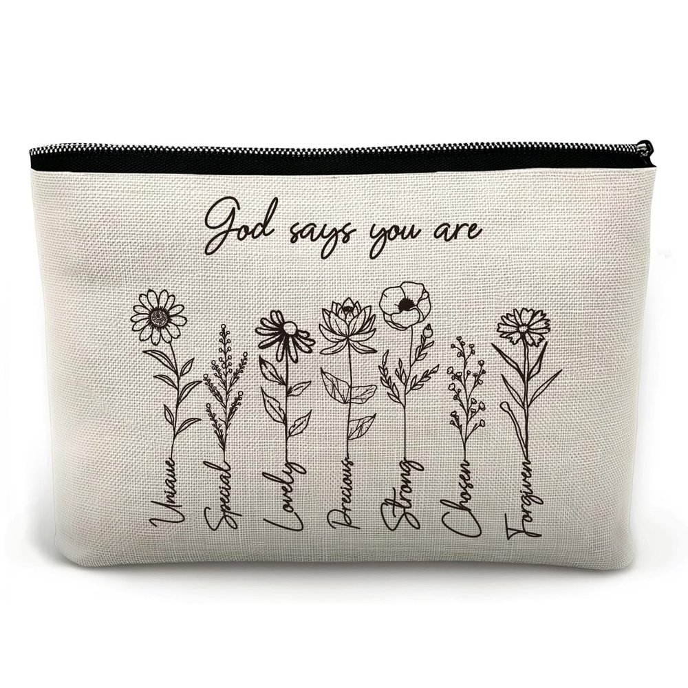 God Says You Are - Cosmetic Bag, Christian Makeup Bag, Birthday Gifts for Women, Bible Verse Flower Wash Bag for Her, Inspirational Bible Verse Bag, Sister Gifts, Christian Christmas Gifts