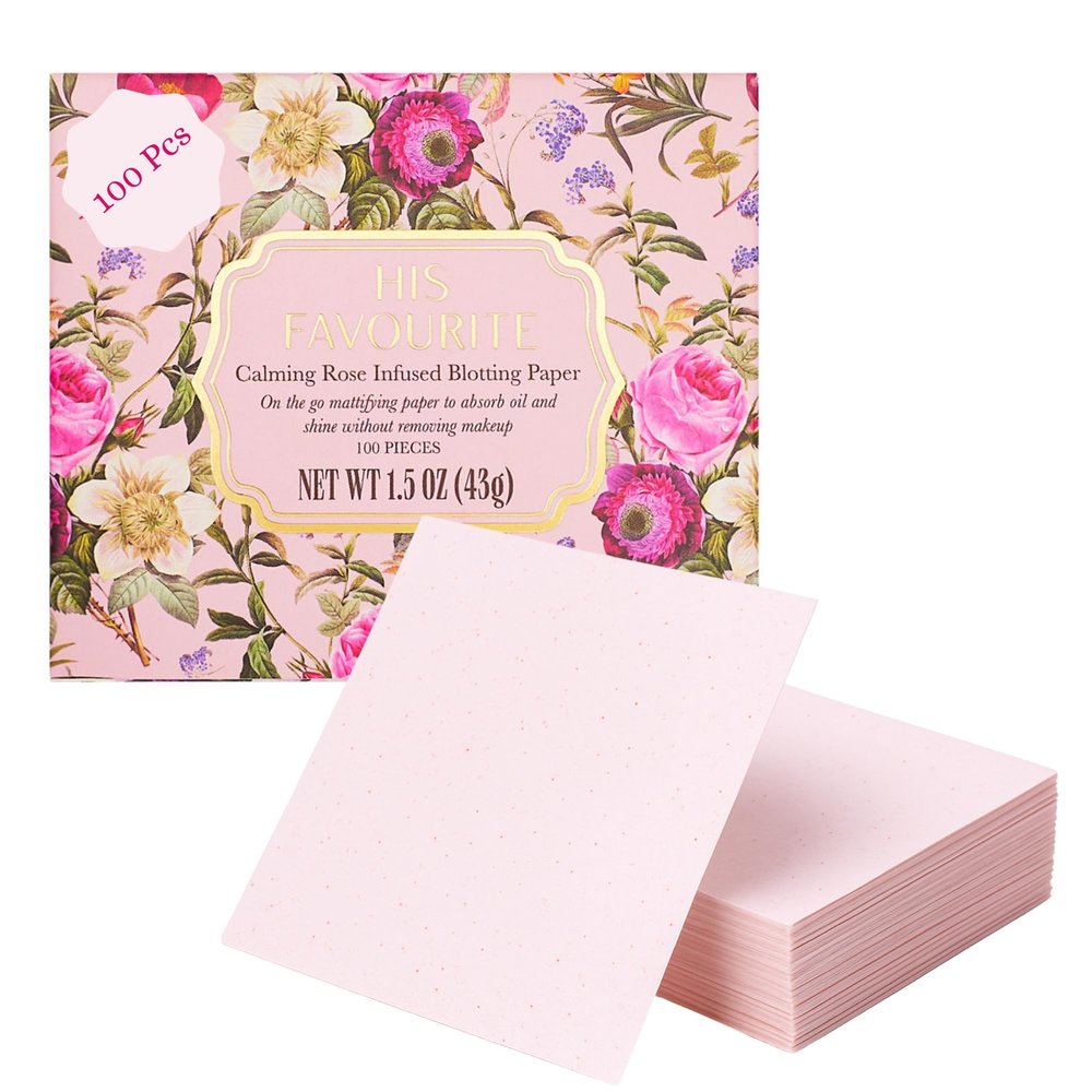 HIS FAVOURITE Calming Rose-Infused Oil Blotting Paper  100 Sheets | Facial Blotting Papers for Oily Skin & Makeup | Travel Case with Mirror Included