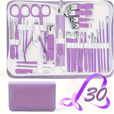 Nail Clippers Set 30 Pcs Manicure Set Professional Nail Clipper Set Stainless Steel Solid Manicure Kit Nail Care Kit with Pink Case Valentine Nail Trimming Kit(Purple)