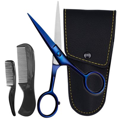 Ontaki Facial Hair Scissors - 5 in, Midnight Blue, Ambidextrous - High-Carbon German Steel Barber Scissors - Beard Grooming Kit with Mustache Comb & Leather Pouch - Portable Mustache Trimmer Kit