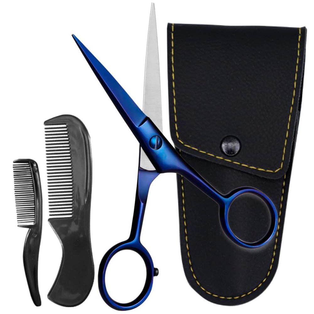 Ontaki Facial Hair Scissors - 5 in, Midnight Blue, Ambidextrous - High-Carbon German Steel Barber Scissors - Beard Grooming Kit with Mustache Comb & Leather Pouch - Portable Mustache Trimmer Kit