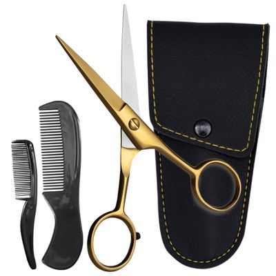 Ontaki Beard & Mustache Scissors - 5 in, Golden Brass - High-Carbon Steel Grooming Scissors - Gold Brass Mustache Comb - Travel-Ready Pouch for Beard Trimming Kit