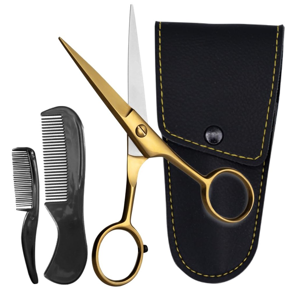 Ontaki Beard & Mustache Scissors - 5 in, Golden Brass - High-Carbon Steel Grooming Scissors - Gold Brass Mustache Comb - Travel-Ready Pouch for Beard Trimming Kit